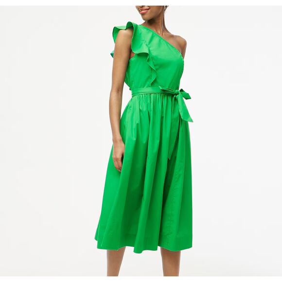 J.Crew One Shoulder Midi Dress A Line Ruffle Pockets Kelly Green US 00 NWT - Picture 2 of 12